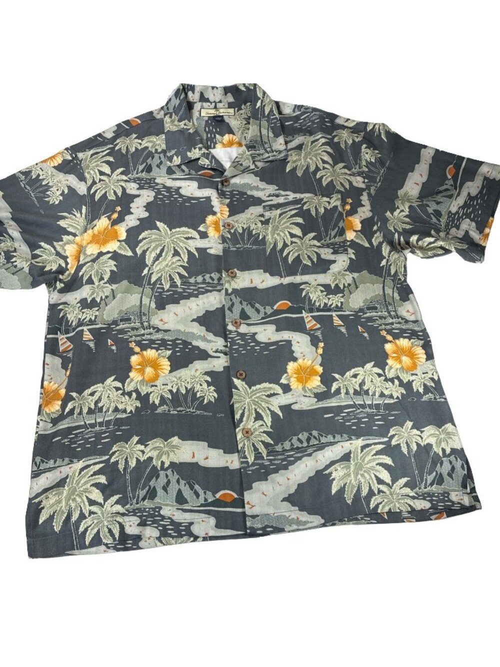 Tommy Bahama XL 100% Silk Gray Hawaiian Shirt Men 50" Chest Scenic Palm Tropical